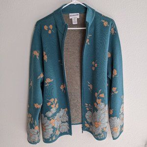 Pendleton Green Floral w/ Embroidery Merino Wool Zip Front Cardigan Size XL